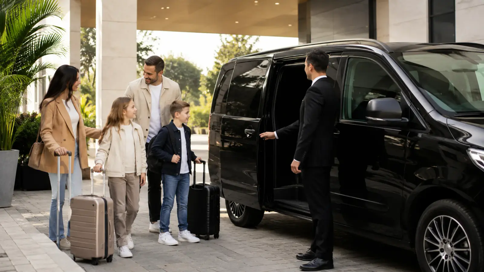 Семья с детьми садится в Mercedes-Benz Vito VIP, водитель придерживает дверь