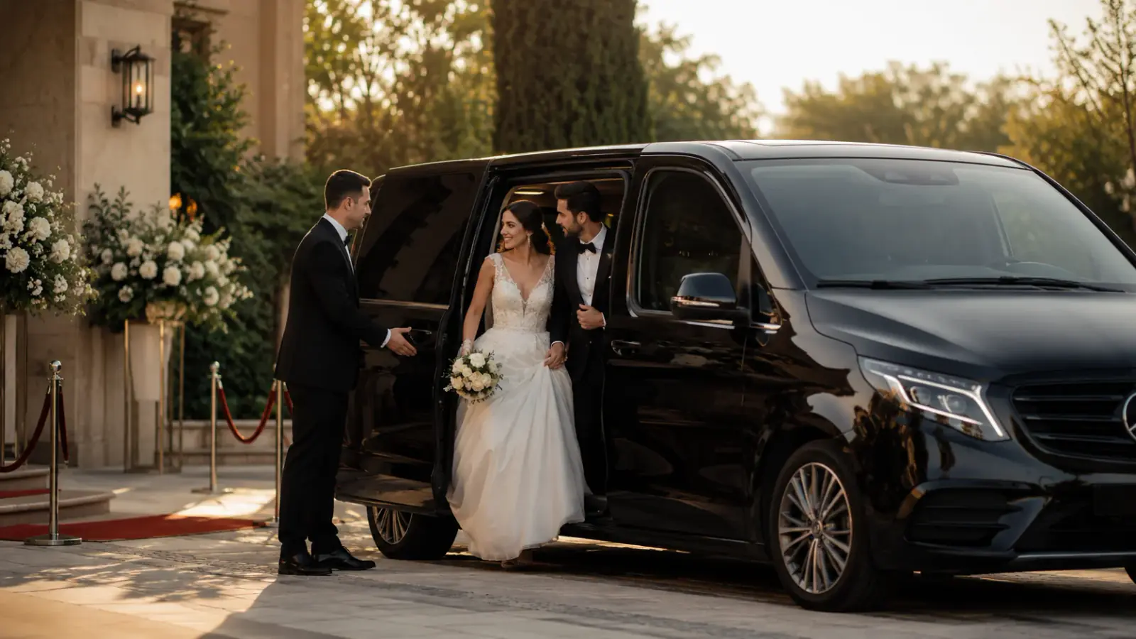 Düğün transferi için gelin ve damadı bekleyen, çiçeklerle hazırlanmış Mercedes-Benz Vito VIP