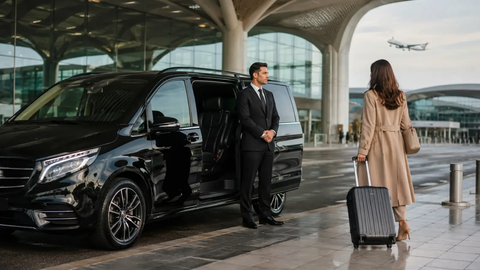 Havalimanı transferi için terminal önünde misafiri karşılayan şoför ve Mercedes-Benz Vito VIP