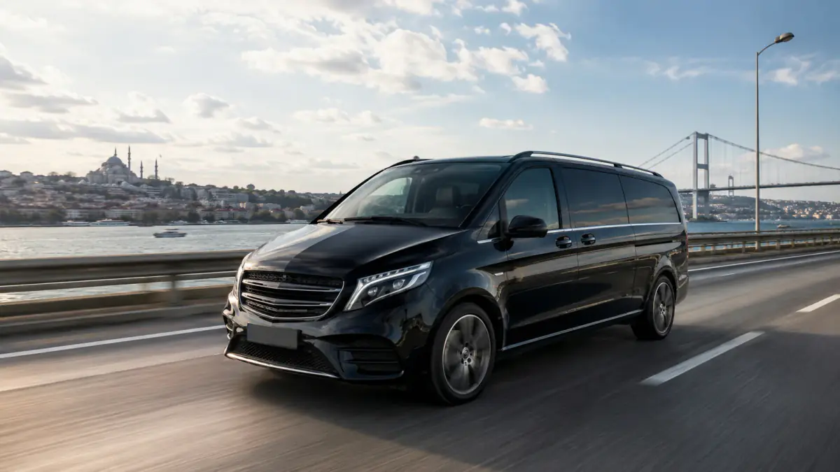 Havalimanından şehre yolculukta Boğaz manzaralı yolda ilerleyen Mercedes-Benz Vito VIP