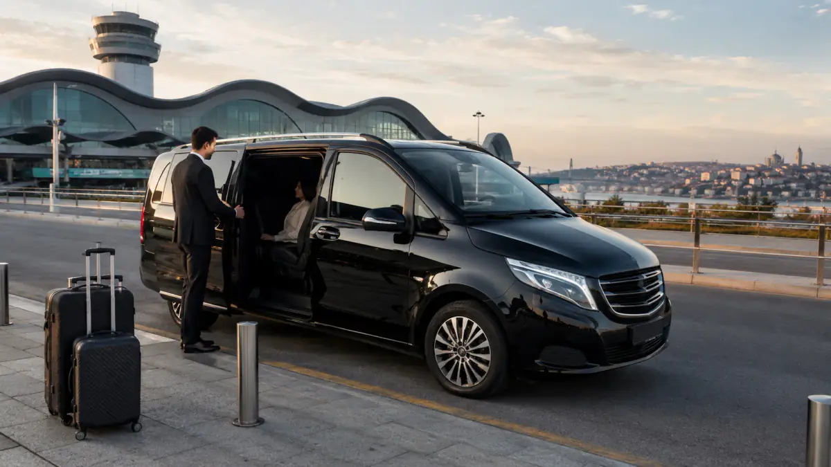Professioneller Fahrer verlädt das Gepäck in den Vito vor einem Istanbuler Flughafentransfer