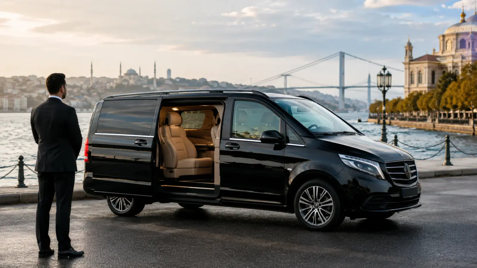 İstanbul VIP transfer için Boğaz ve cami silüeti önünde kapıyı açan şoför ve Mercedes-Benz Vito VIP