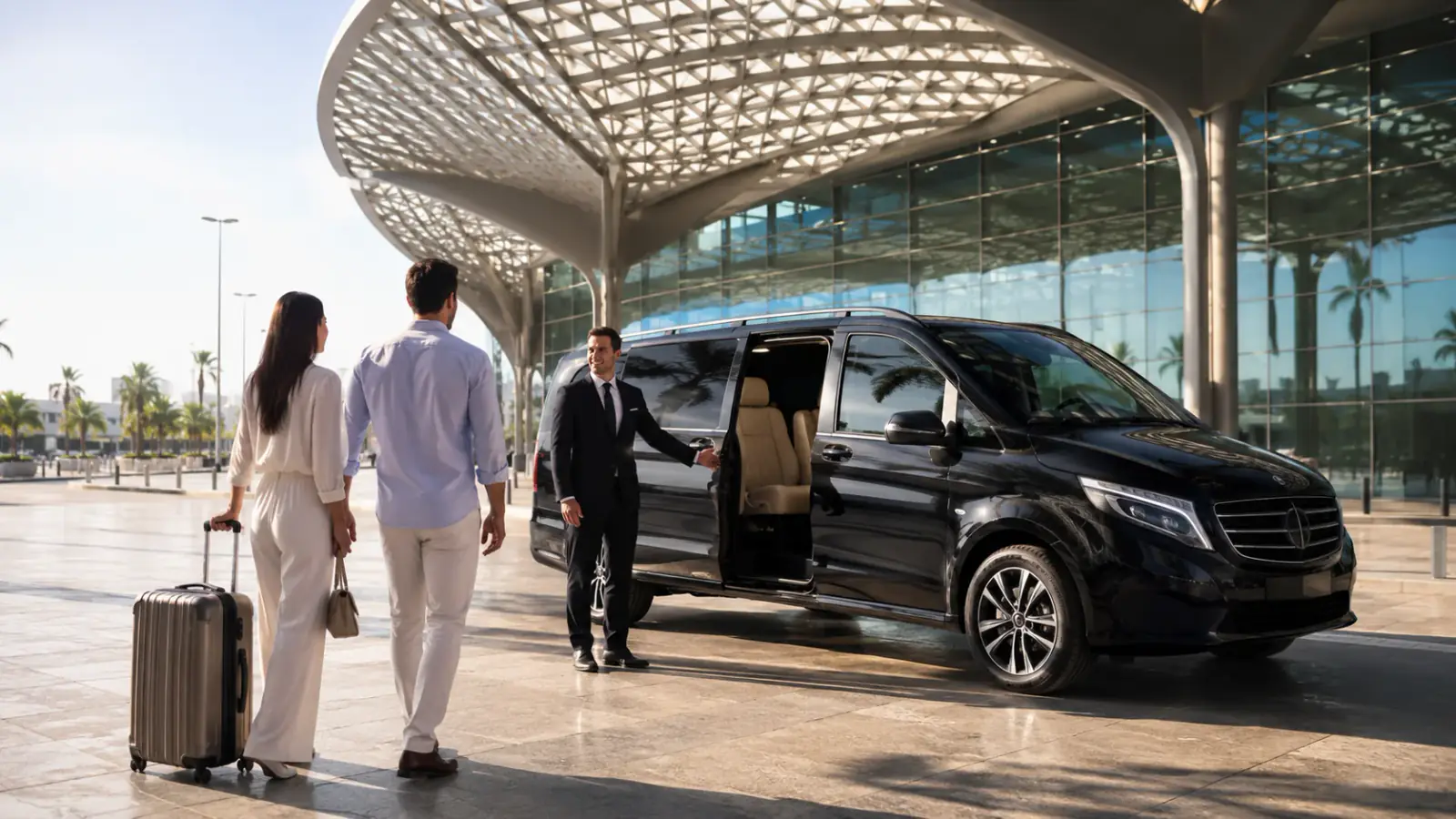 İzmir Havalimanı transferi için terminal önünde aileyi araca uğurlayan şoför ve Vito VIP