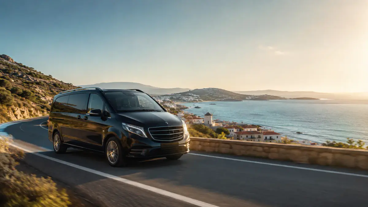 Havalimanından sahil bölgelerine yolculukta körfez manzaralı yolda Mercedes-Benz Vito VIP