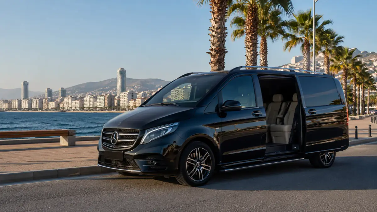 Schwarzer Mercedes-Benz Vito VIP wartet an der Uferpromenade von Izmir mit der Bucht im Hintergrund