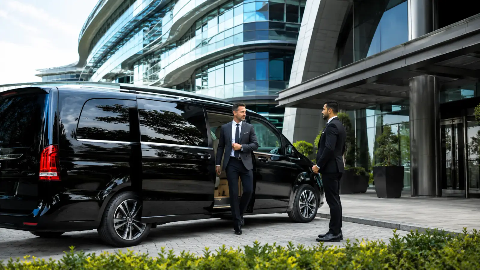 Chauffeur meeting an executive outside an office plaza for a corporate transfer