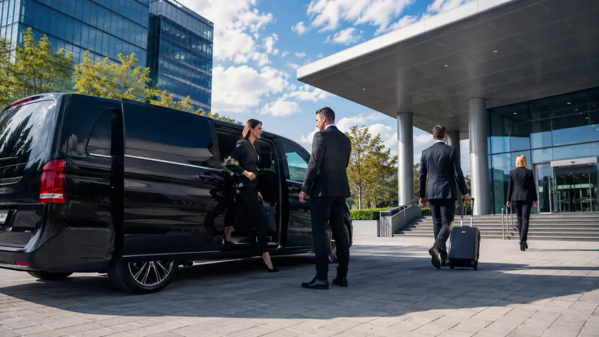 Business travellers boarding the vehicle outside a company building for a corporate journey
