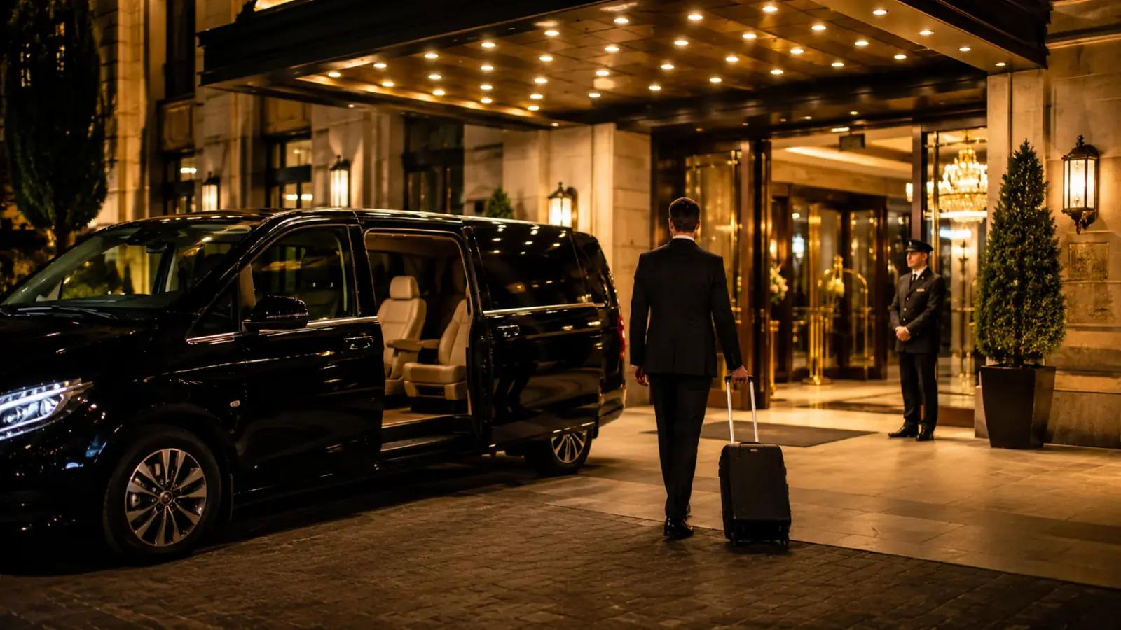 مرسيدس-بنز فيتو VIP أمام مدخل الفندق مساءً لنقل الفندق