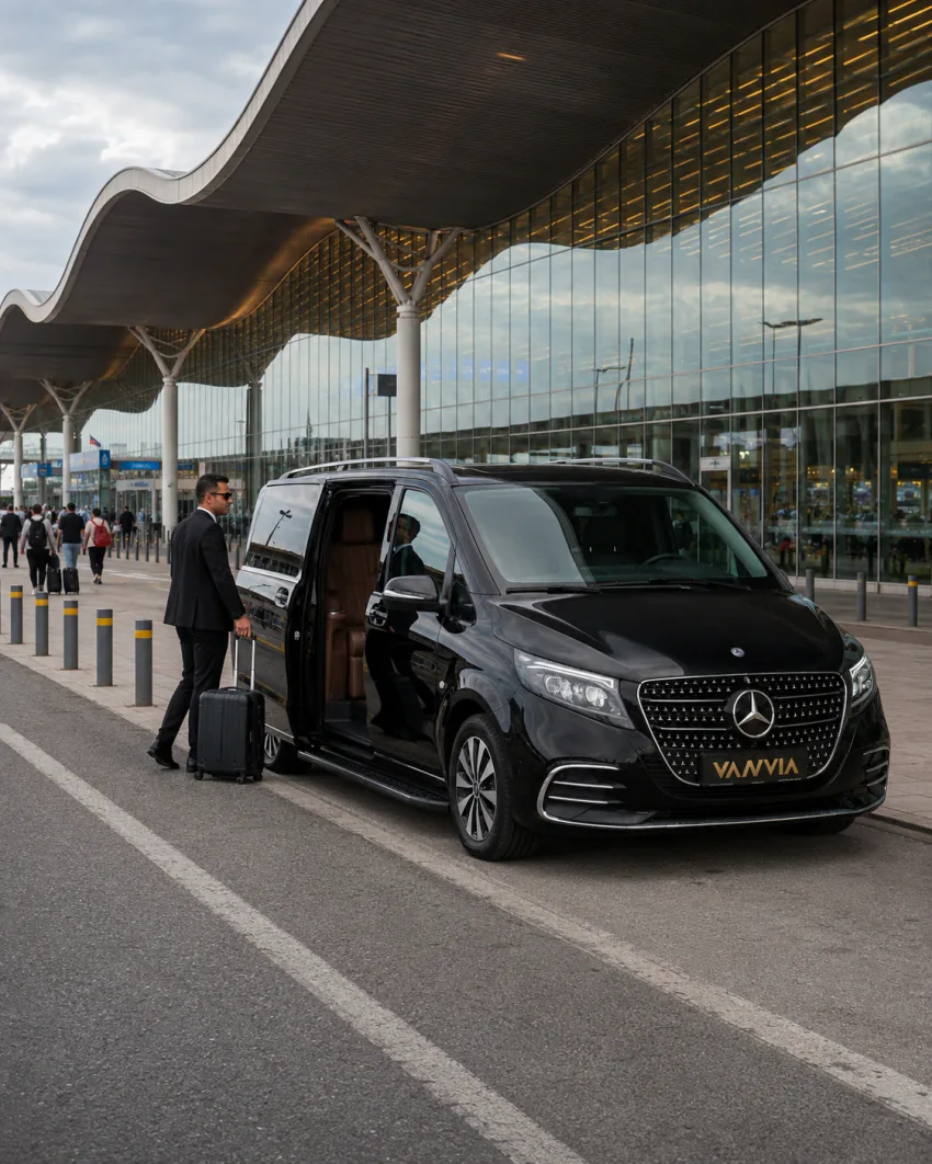 سيارة نقل VIP سوداء من فانفيا تسير عند الغسق على طريق المطار بجانب لافتة "Departures" وأشجار النخيل، لخدمة نقل ADB إلى ألاتشاتي