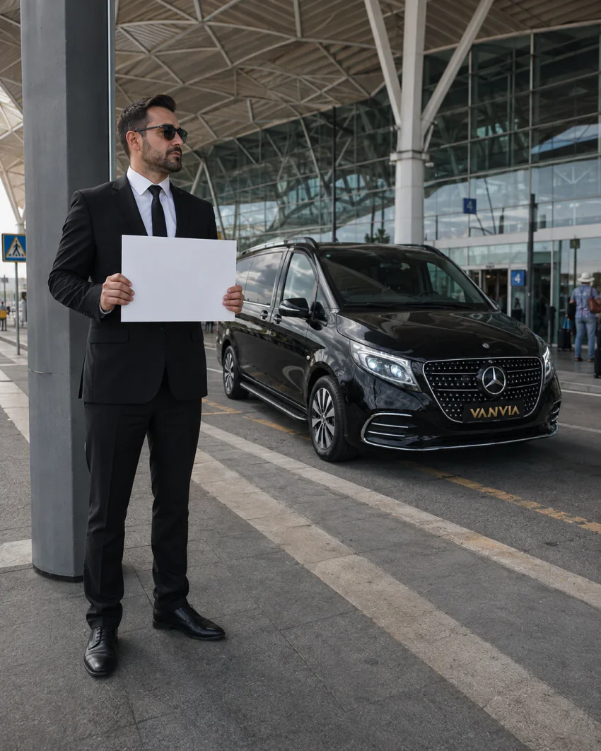 Vanvia-Fahrer mit Namensschild beim Empfang am Flughafen ADB Adnan Menderes