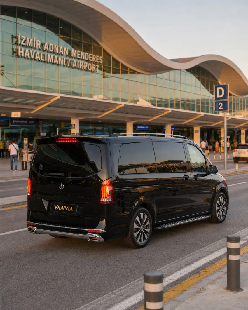 Rückansicht des Vanvia-VIP-Transferfahrzeugs vor dem Terminal des Flughafens Izmir Adnan Menderes, in der Nähe Fluggäste mit Gepäck