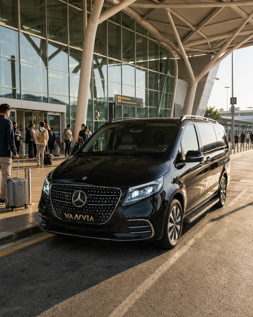 Vanvia-Fahrer und Fahrzeug empfangen einen Fahrgast vor dem Terminal des Flughafens ADB Adnan Menderes