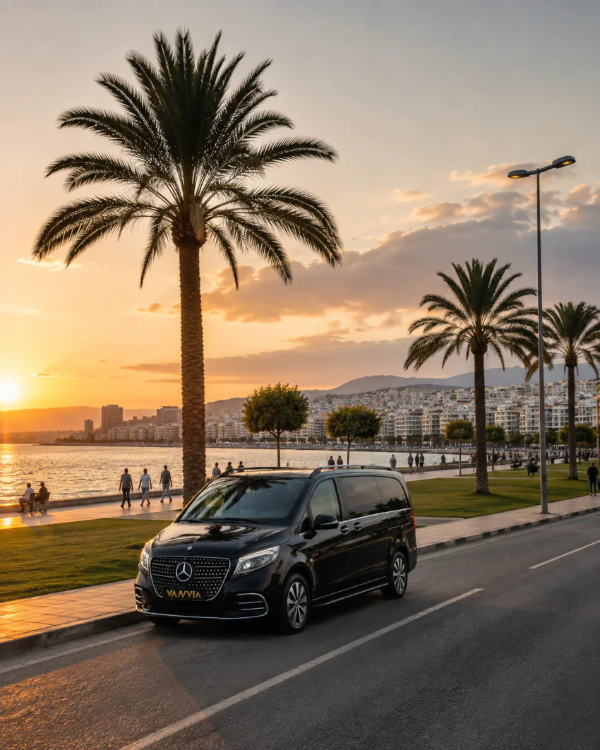 Mercedes-Benz Vito VIP an der palmengesäumten Kordon-Uferpromenade von İzmir bei Sonnenuntergang für einen Alsancak-Flughafentransfer