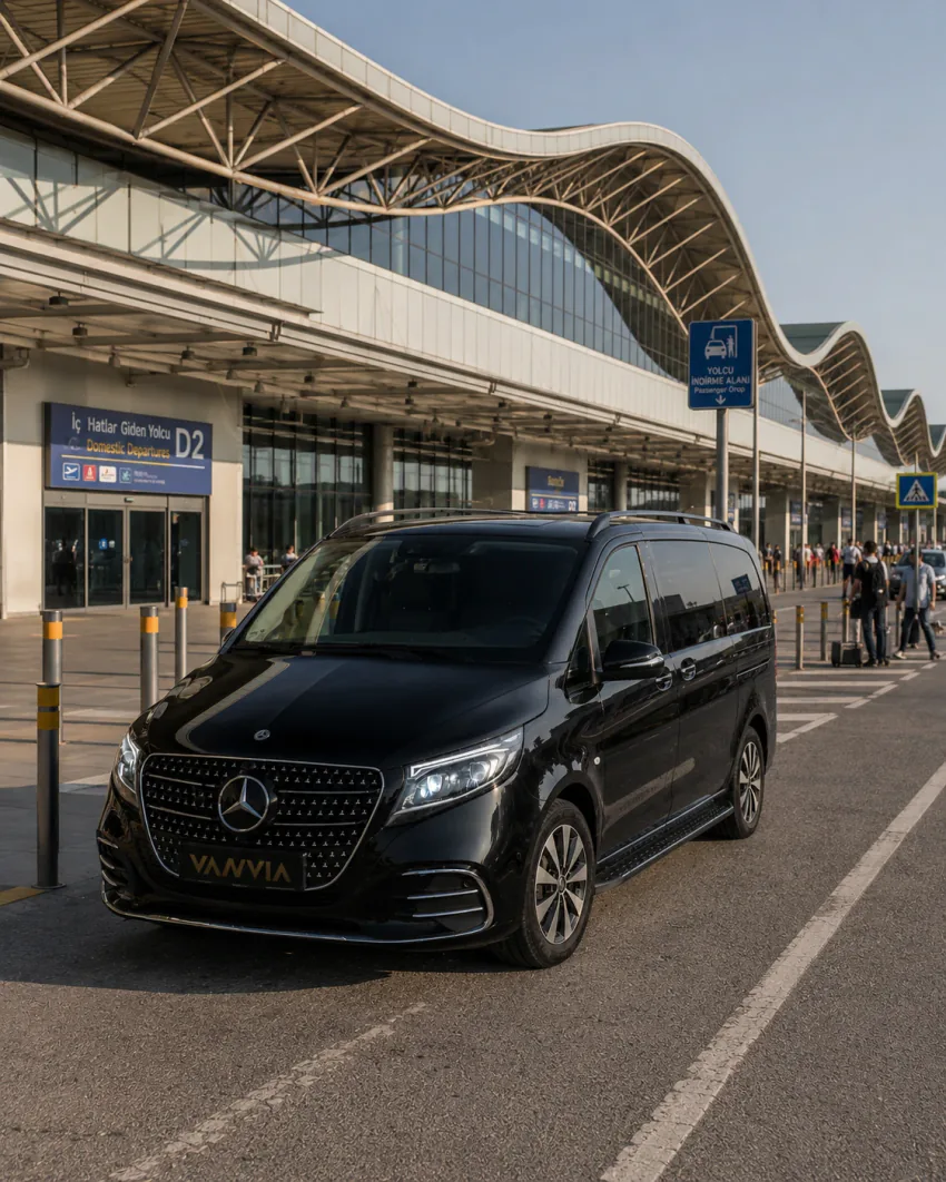 Frontansicht des Vanvia-VIP-Transferfahrzeugs am Abflugbereich für Inlandsflüge eines Flughafens, in der Nähe ein Reisender mit Rollkoffer