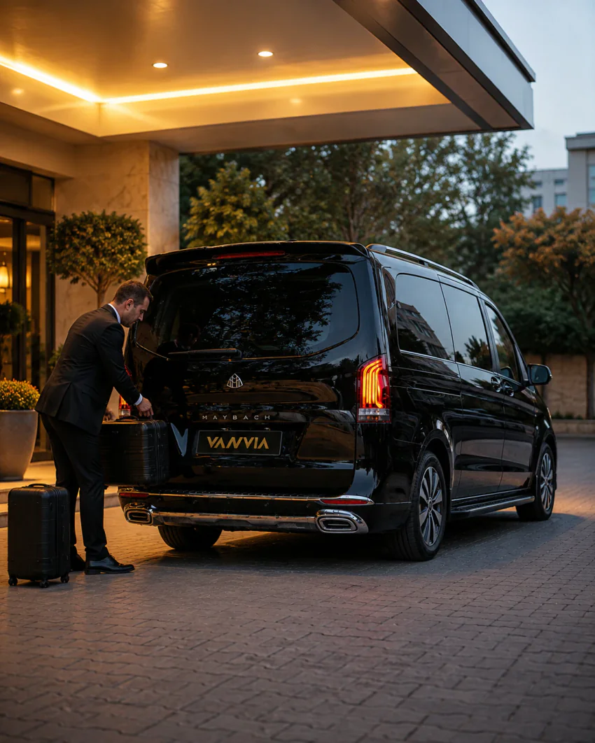 Vanvia driver handling luggage at a hotel entrance at night