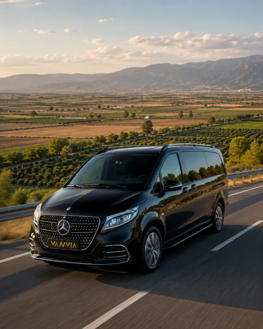 Mercedes-Benz Vito VIP driving along the Aydın motorway through farmland
