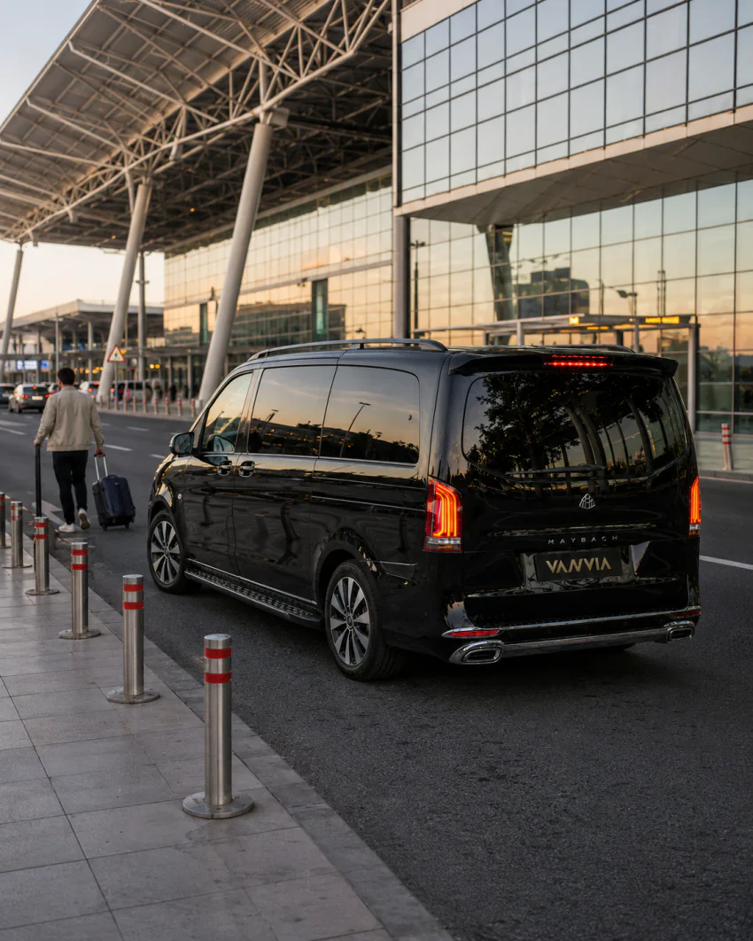 A rear view of a black Vanvia VIP transfer vehicle parked under the terminal canopy at dusk, for the Izmir Airport Ayvalık transfer, with a passenger walking with luggage in the background