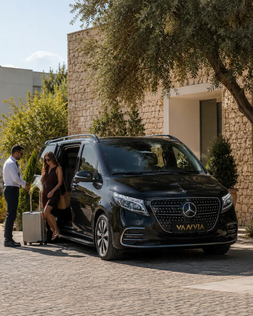 A couple walking with their luggage toward the open door of a black Vanvia VIP transfer vehicle outside the airport terminal