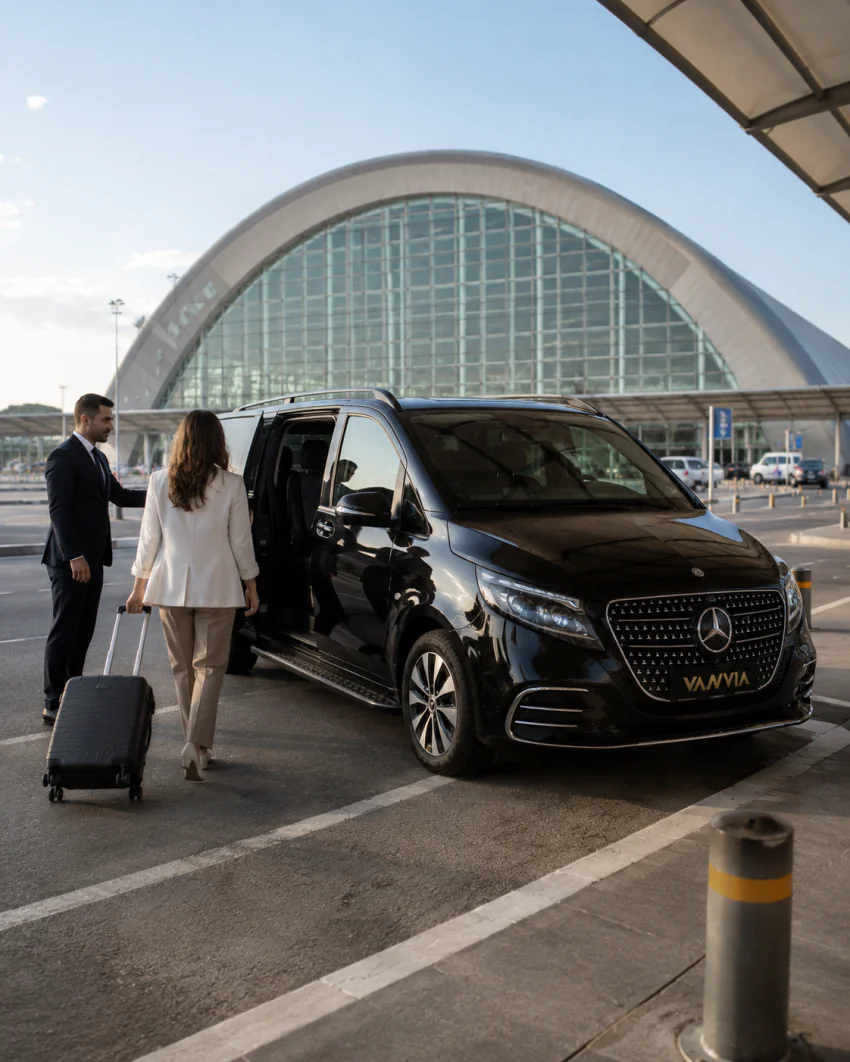 A black Vanvia VIP transfer vehicle parked along Ayvalık's harbor promenade, with stone waterfront buildings, boats and palm trees behind it