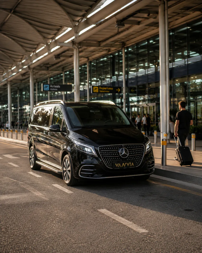 Frontansicht des Vanvia-VIP-Transferfahrzeugs am Ankunfts- und Abflugbereich eines Flughafens, im Hintergrund ein Reisender mit Rollkoffer