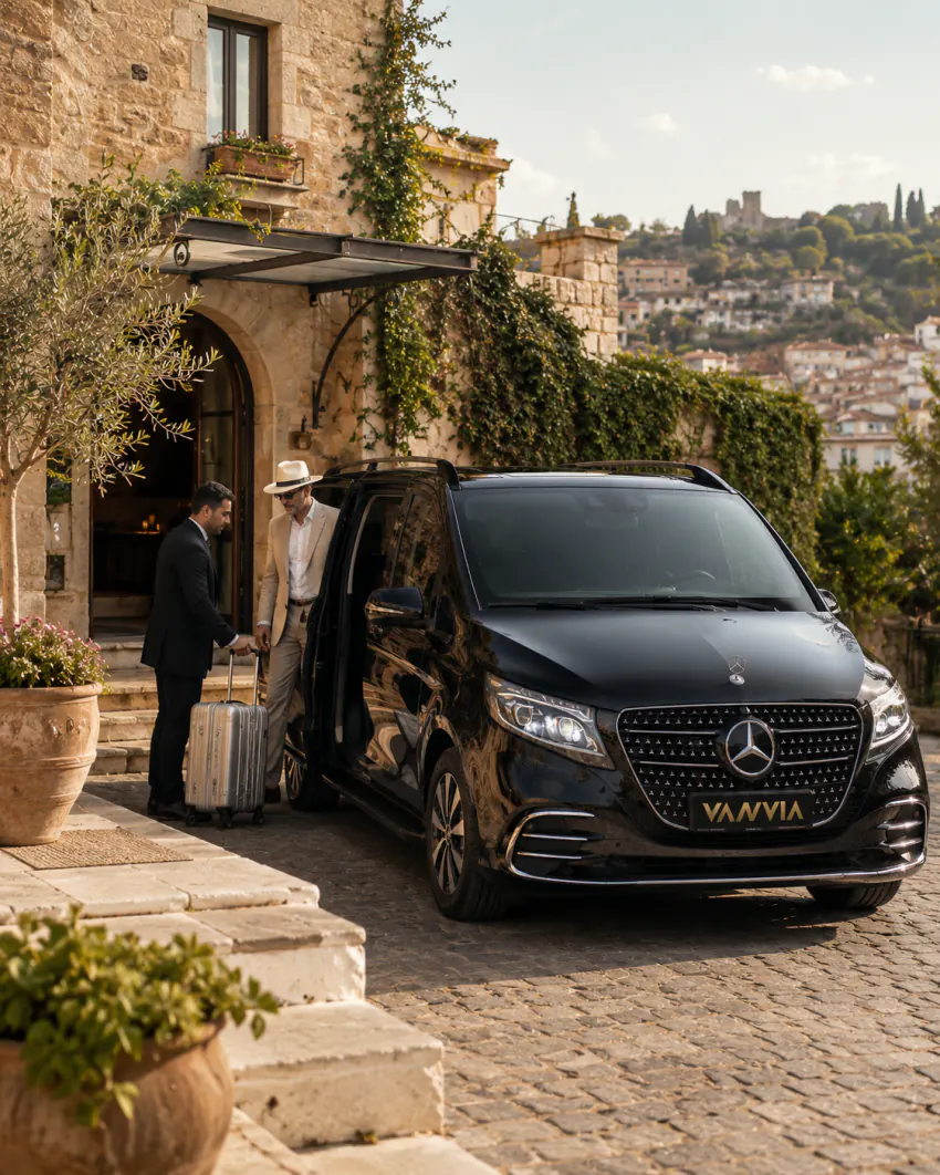 A Vanvia chauffeur handing over luggage at a stone-fronted hotel entrance in Bergama