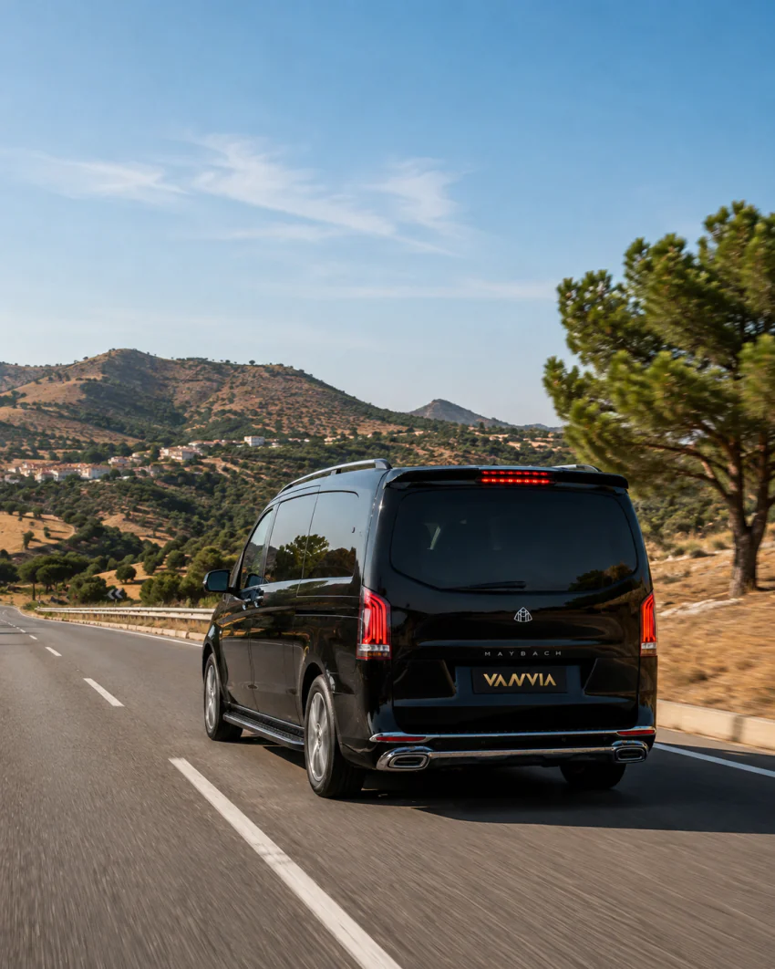 The Vanvia Vito travelling toward Bergama on a North Aegean road through olive-covered hills