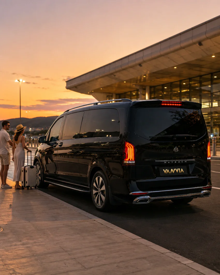 A rear view of a black Vanvia VIP transfer vehicle parked outside the airport terminal in the evening, control tower in the background