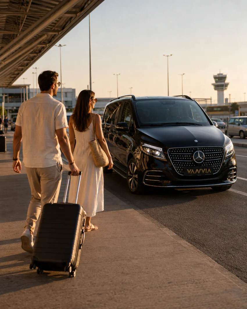 Passengers walking with their luggage toward a black Vanvia VIP transfer vehicle at Izmir Adnan Menderes Airport, by day