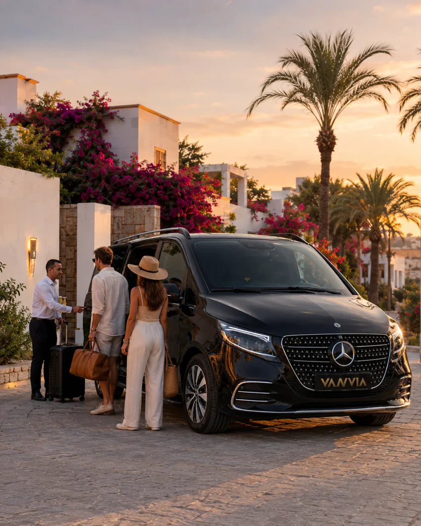 A Vanvia driver handing over luggage to guests at a bougainvillea-covered Bodrum accommodation entrance at dusk