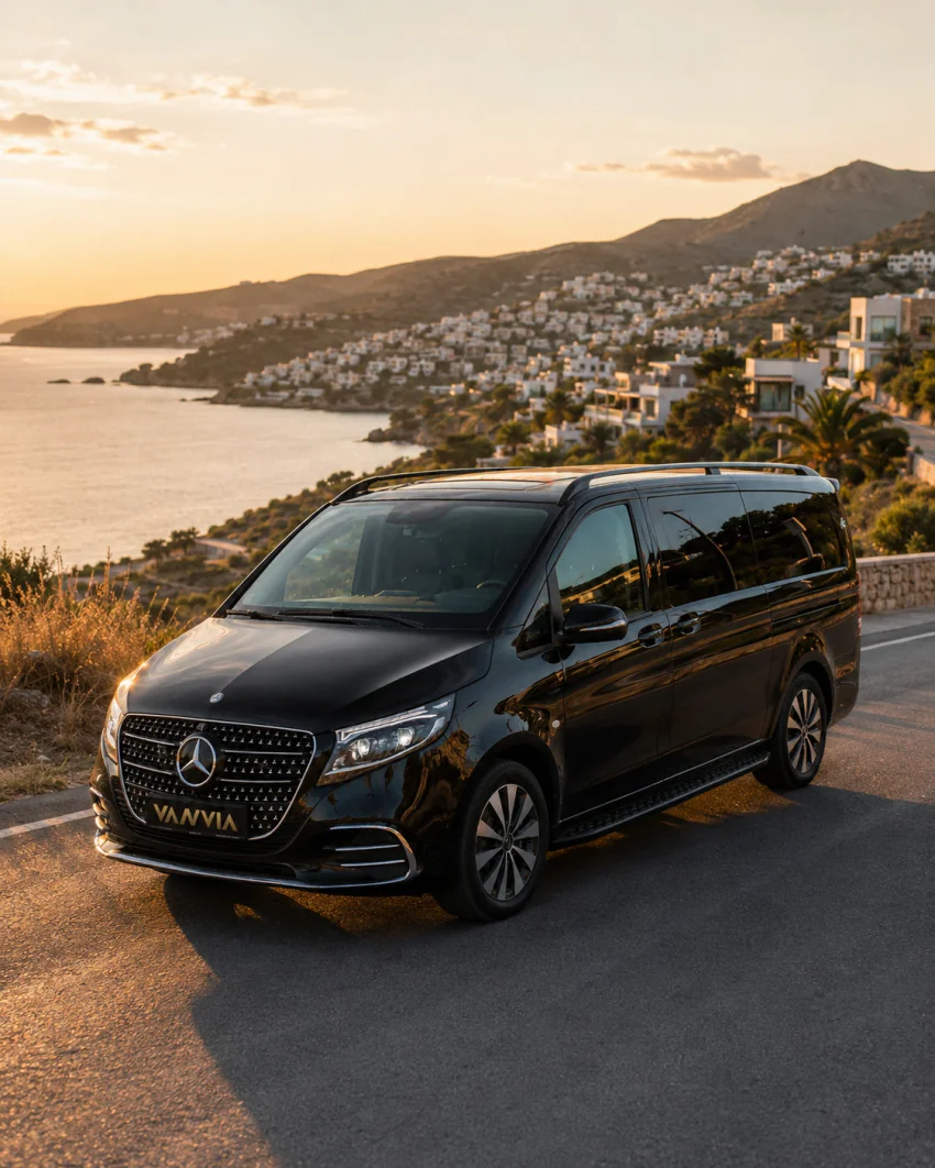 A black Vanvia VIP transfer vehicle on the Bodrum peninsula's coastal road at sunset, with a white hillside town in the distance