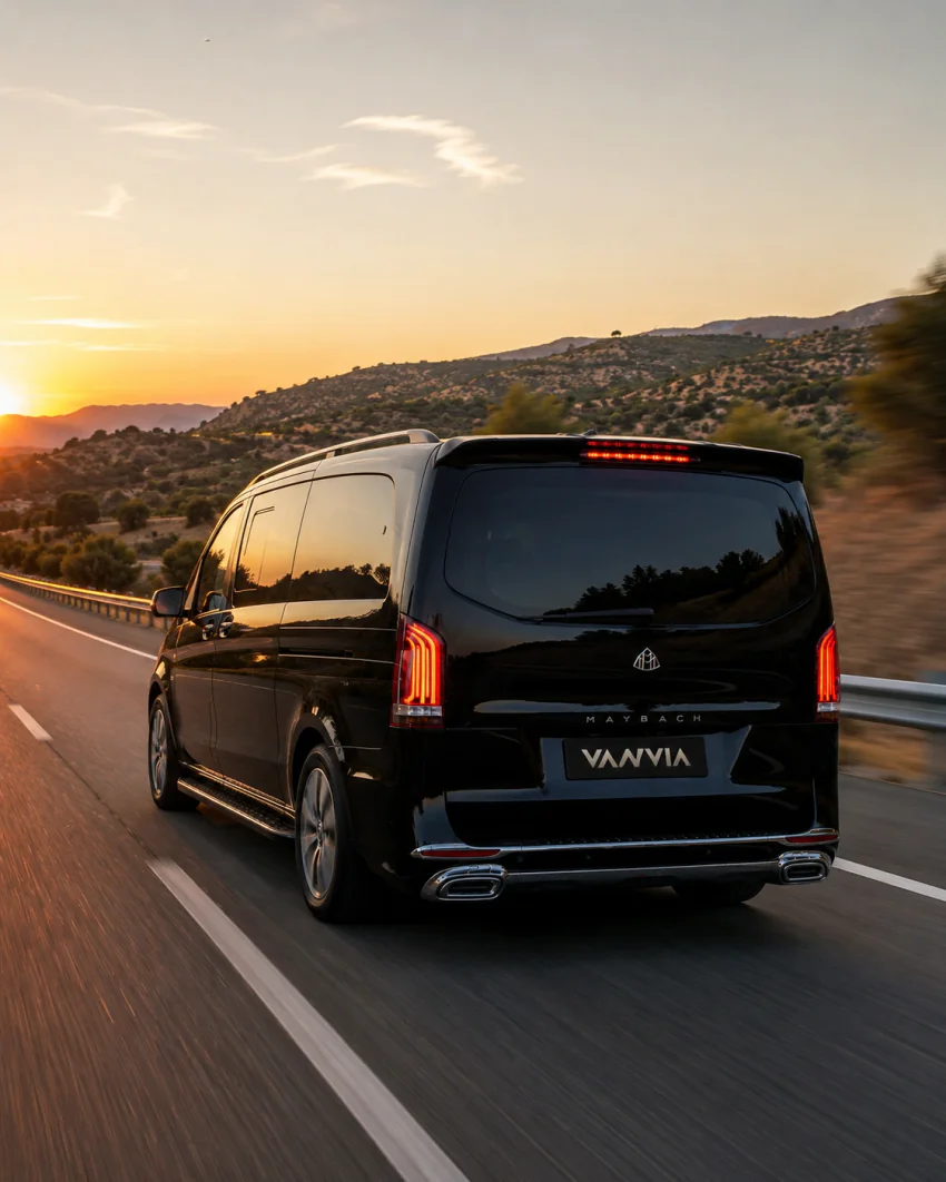A rear view of a black Vanvia VIP transfer vehicle driving along an open highway at sunset