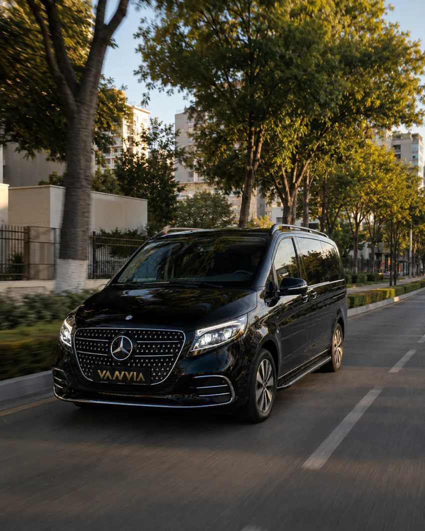 A black Vanvia VIP vehicle driving along a tree-lined urban road in daylight