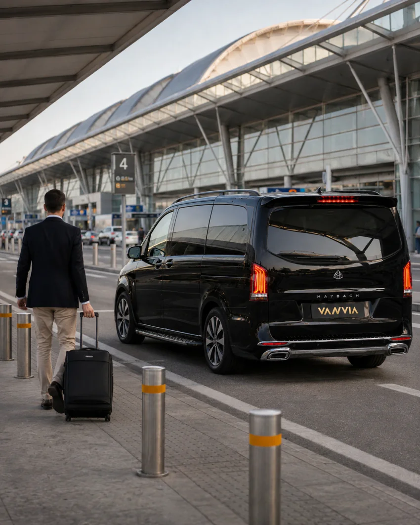 ADB Bornova transfer için gündüz cam cepheli terminalin önünde bekleyen siyah Vanvia VIP transfer aracının görünümü, arkada palmiye ağaçları