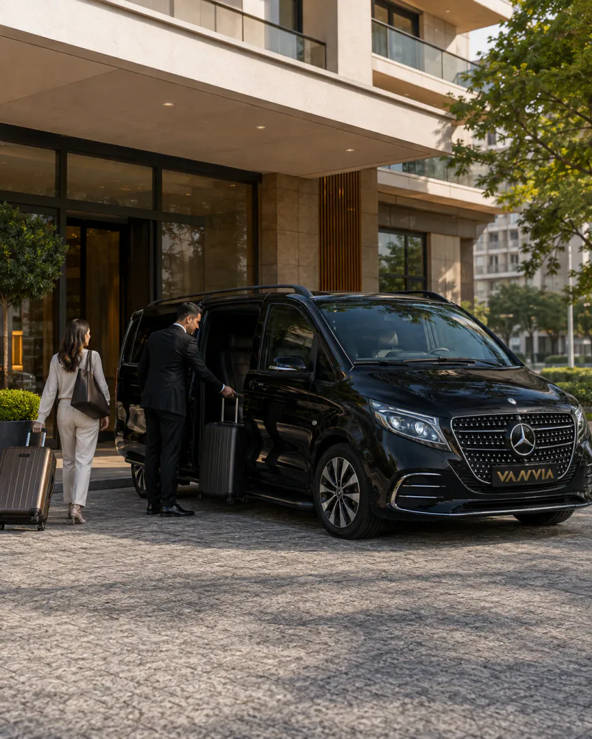 A black Vanvia VIP vehicle at the entrance of a modern building, with the chauffeur handling a suitcase as a traveler approaches with her luggage