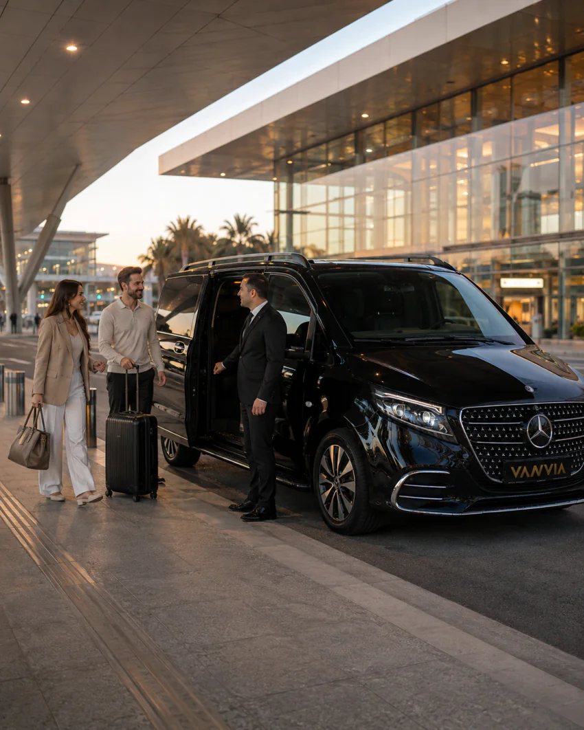 A black Vanvia VIP vehicle at the İzmir Adnan Menderes Airport terminal at sunset, with palm trees visible, as the driver greets a couple with luggage