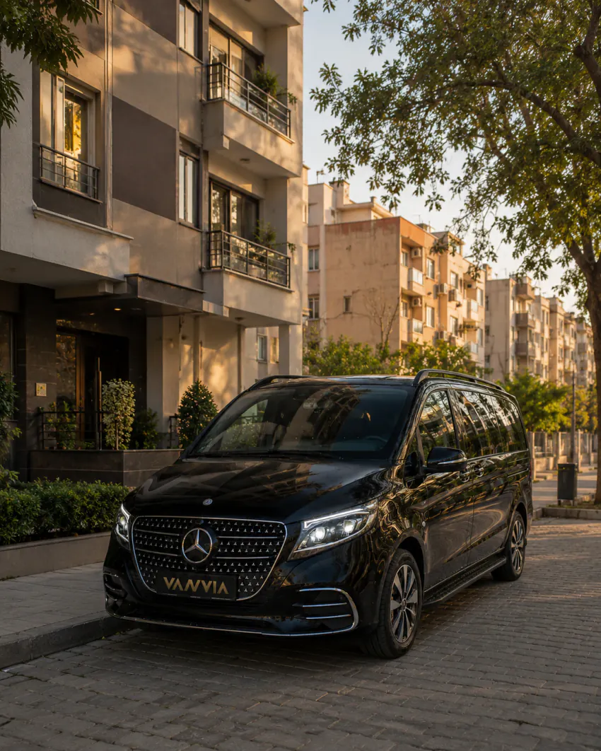 A black Vanvia VIP vehicle parked on a residential apartment street at golden hour, for an Izmir Airport Bornova transfer, front three-quarter view