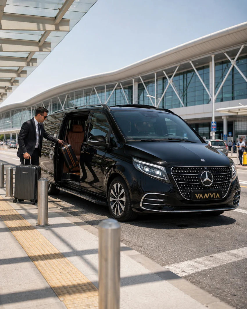 A front view of a black Vanvia VIP transfer vehicle parked under the terminal canopy in daylight, with the driver loading luggage, for the ADB Buca transfer