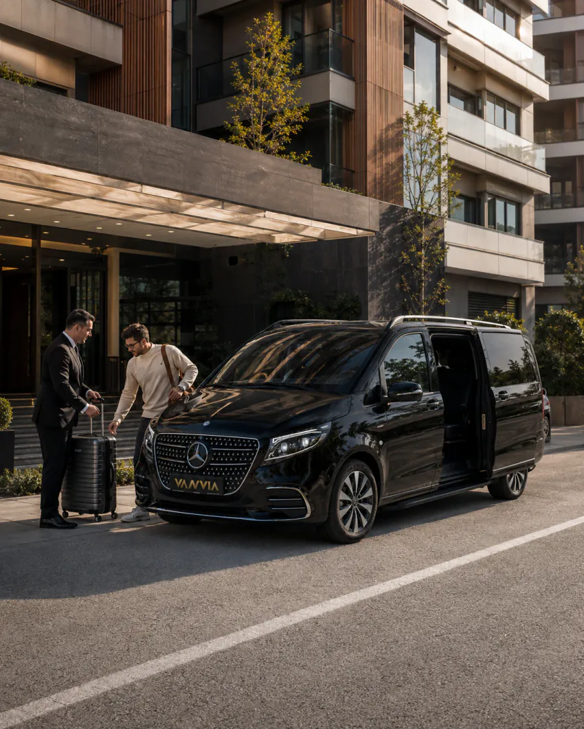 A black Vanvia VIP vehicle with its door open at the entrance of a modern building with wood-panel detailing, with the chauffeur handling a suitcase as a traveler approaches
