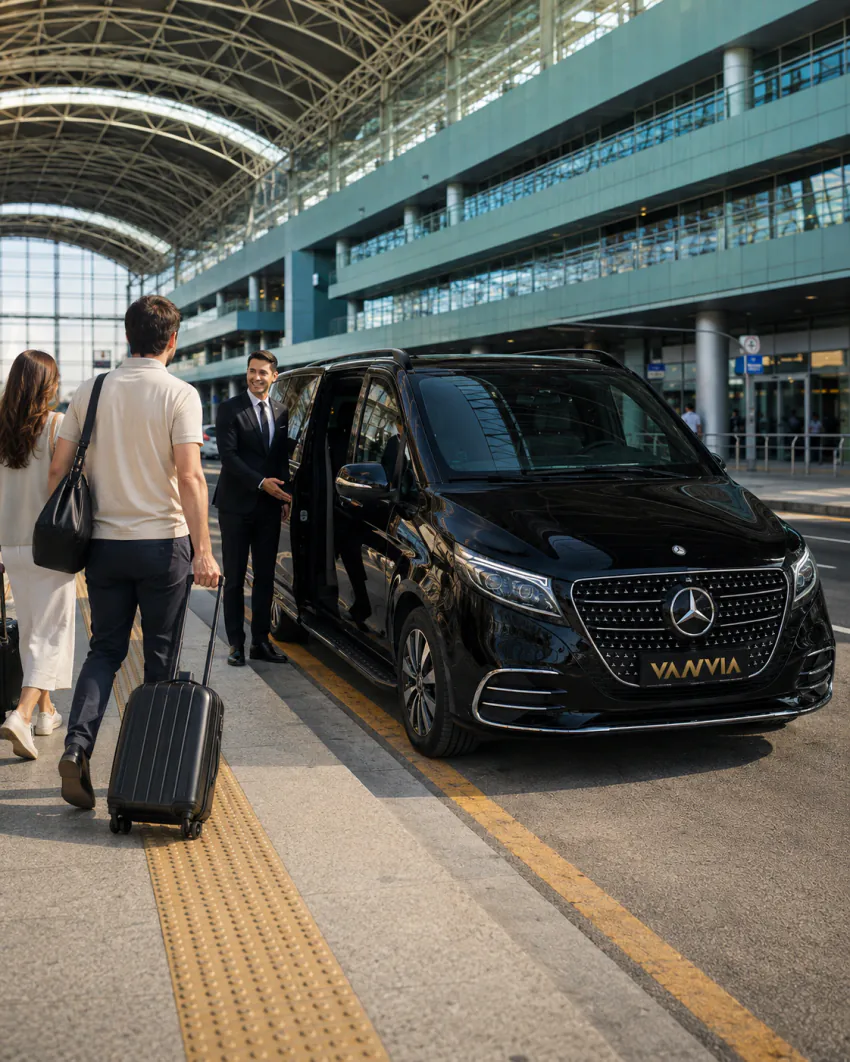 A black Vanvia VIP vehicle at an airport terminal with a curved roof, as the driver greets a couple approaching with their luggage