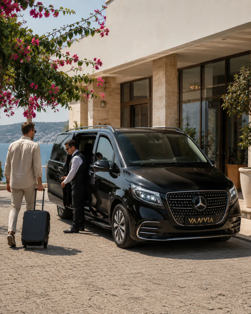 Passengers walking toward a black Vanvia VIP transfer vehicle as the driver opens the door outside the İzmir Adnan Menderes Airport terminal