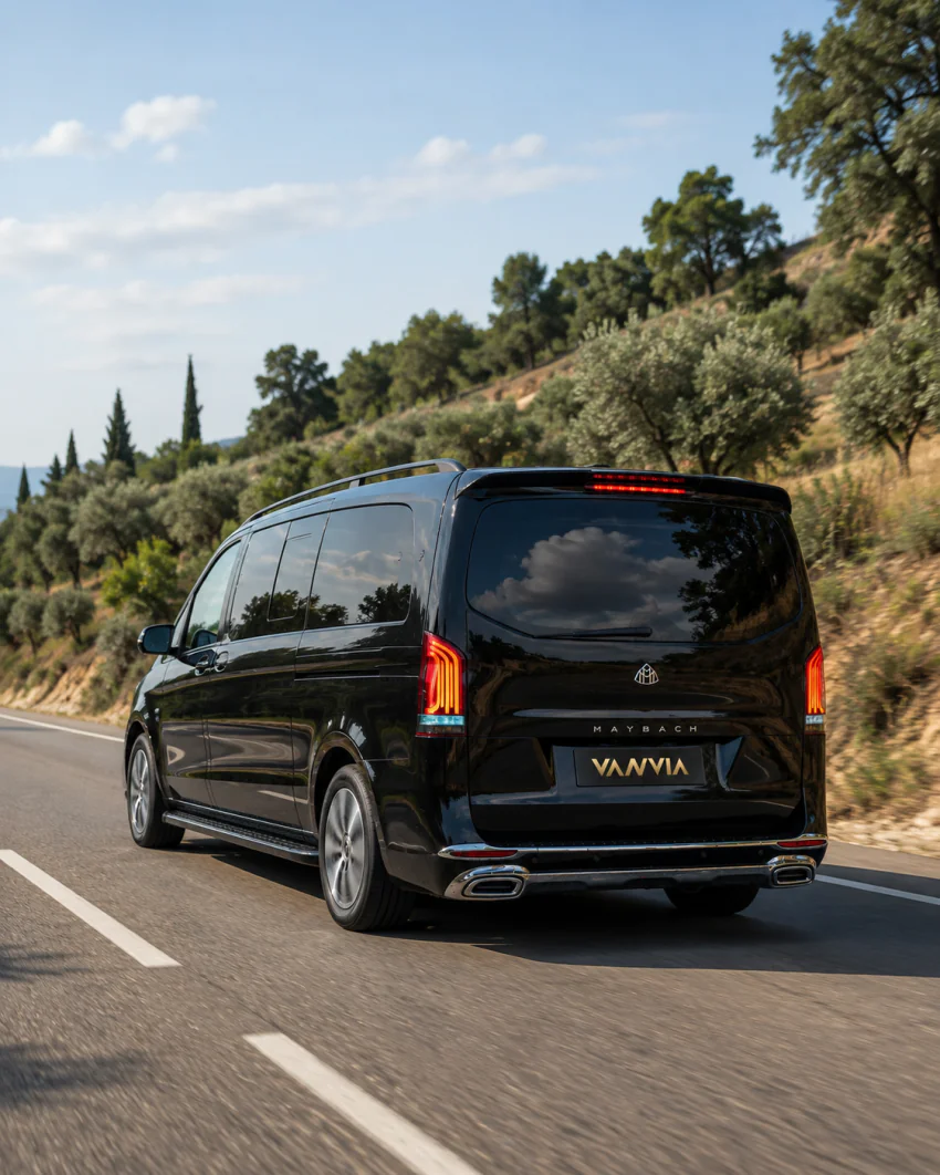 A rear view of a black Vanvia VIP transfer vehicle driving along a road past a hillside covered in olive trees and cypresses