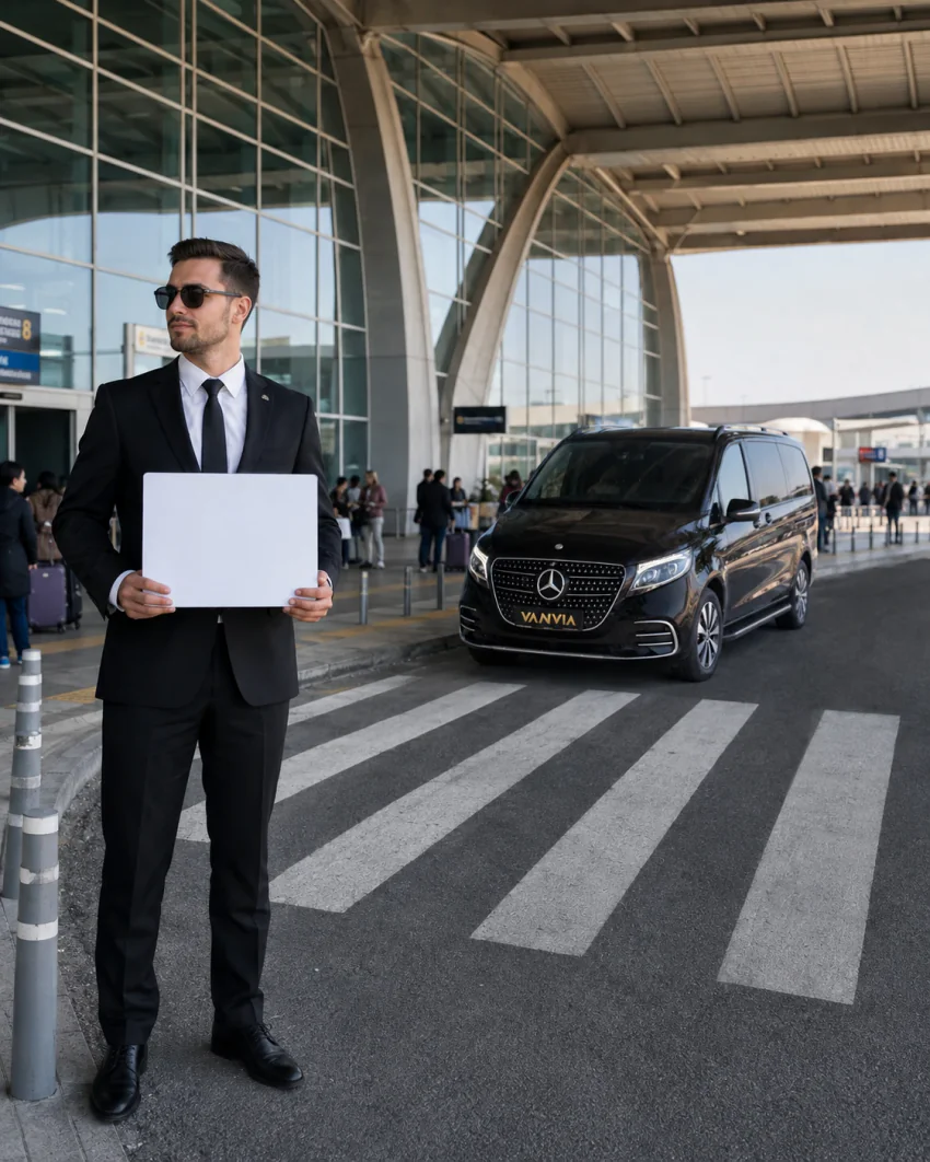 Vanvia-Fahrer mit Namensschild beim Empfang am Ankunftsbereich des Flughafens ADB Adnan Menderes