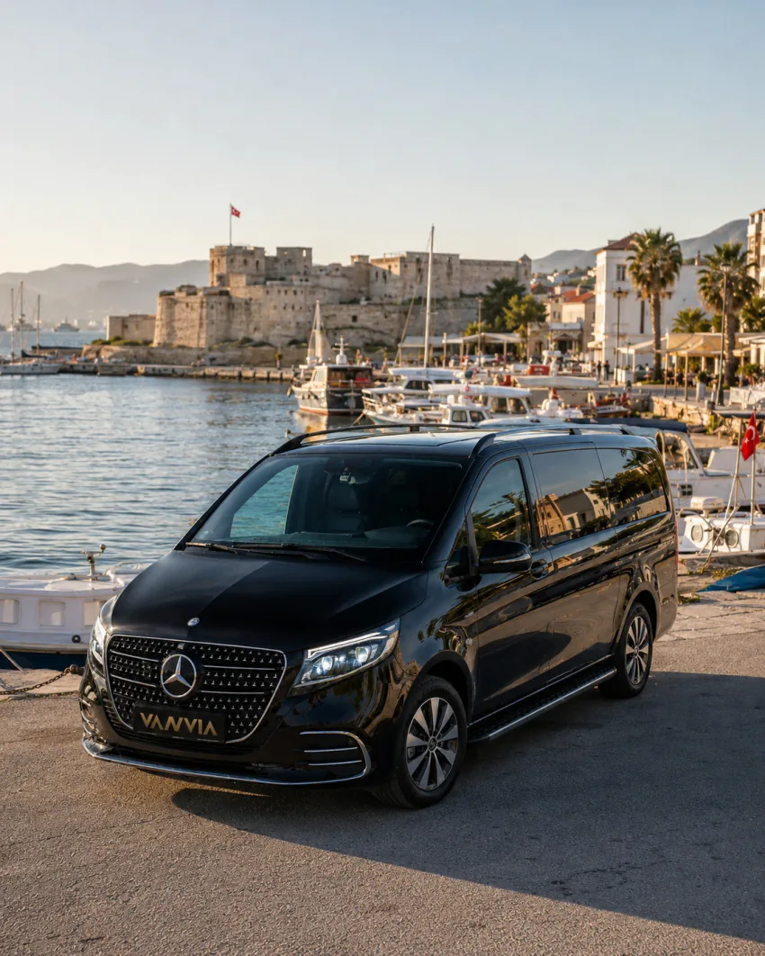 Mercedes-Benz Vito VIP vor der Burg von Çeşme und ihrem Hafen für einen Flughafentransfer ab ADB