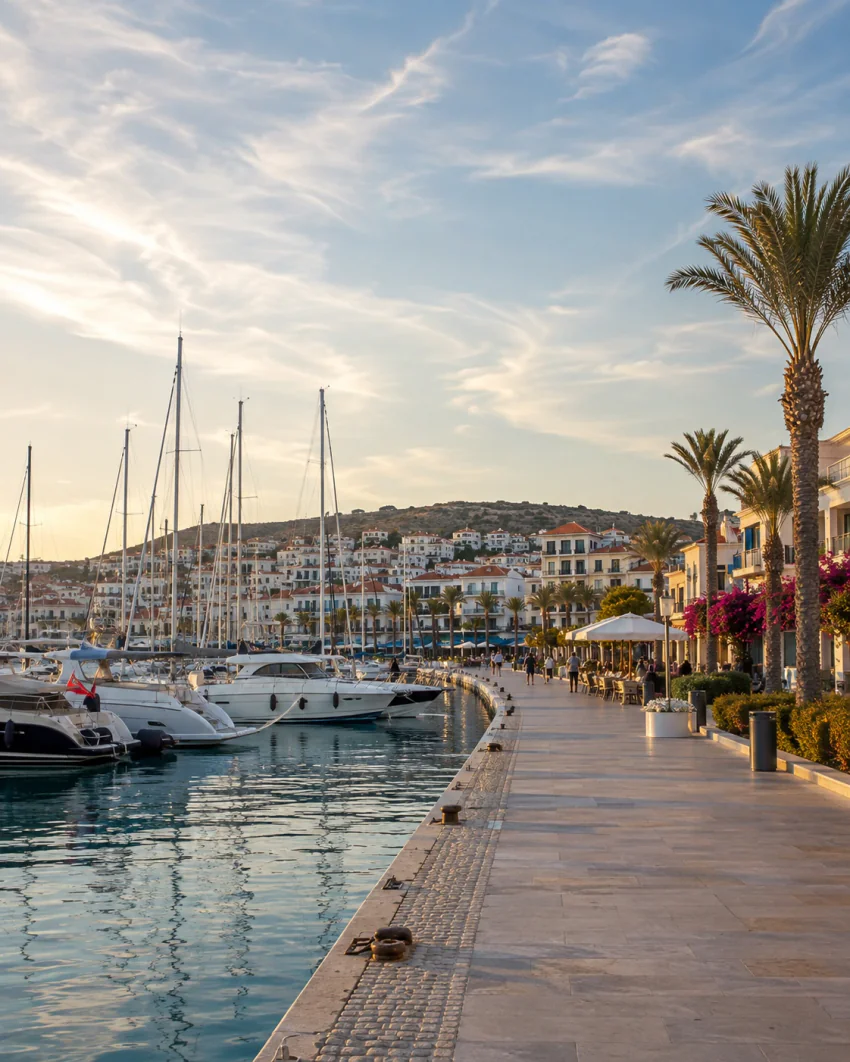 Eine Marina bei Çeşme mit festgemachten Yachten und Booten entlang einer Küstenpromenade