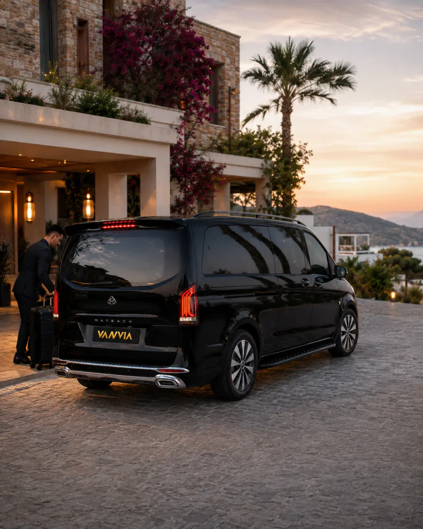 Vanvia-Fahrer beim Gepäckservice am Eingang eines Hotels mit Meerblick in Çeşme