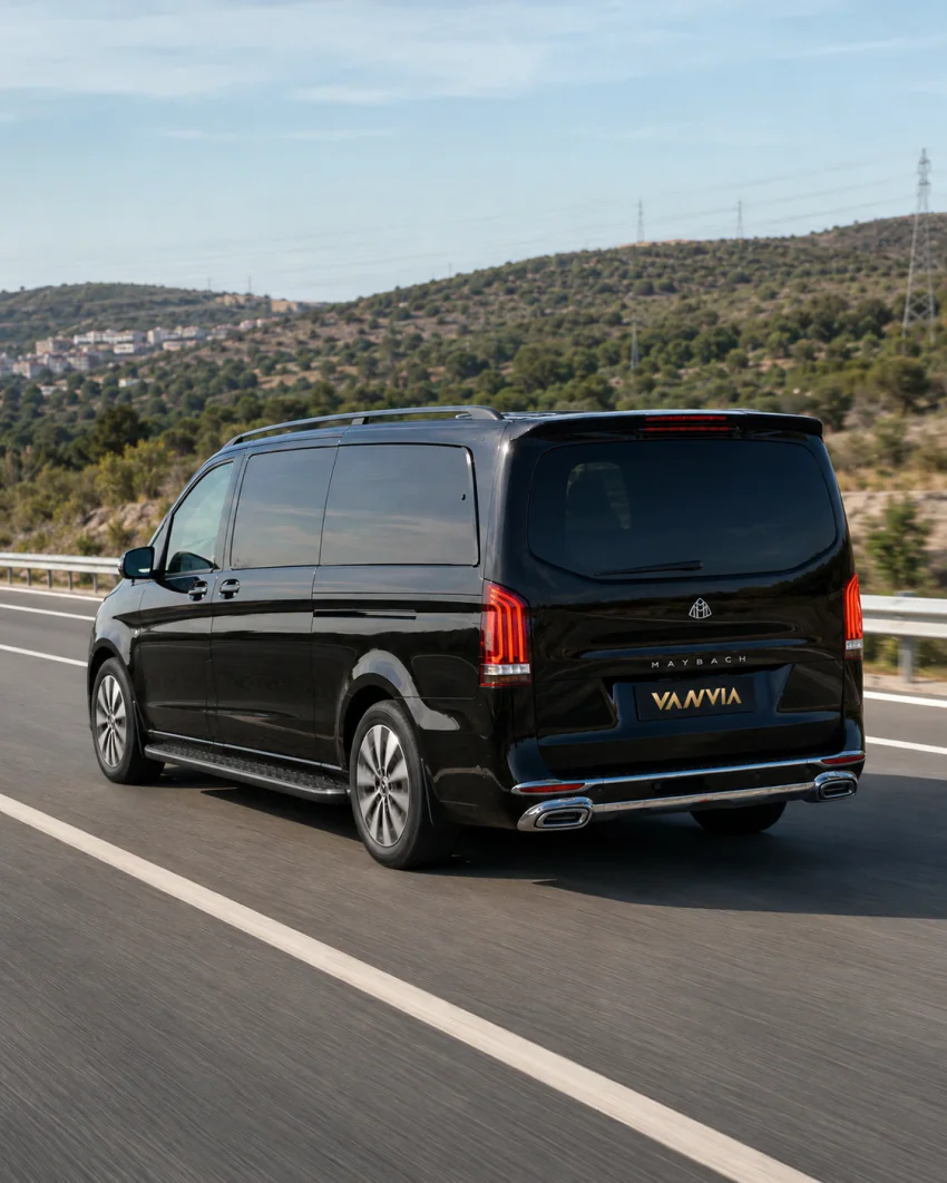 Rückansicht des Mercedes-Benz Vito VIP auf der İzmir-Çeşme-Autobahn durch eine hügelige Landschaft