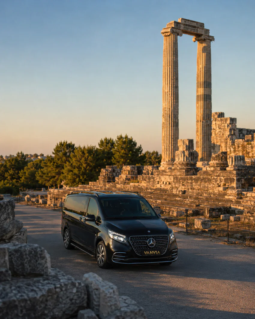 The Vanvia VIP vehicle beside the standing columns of the Temple of Apollo, on the Izmir Airport Didim transfer route