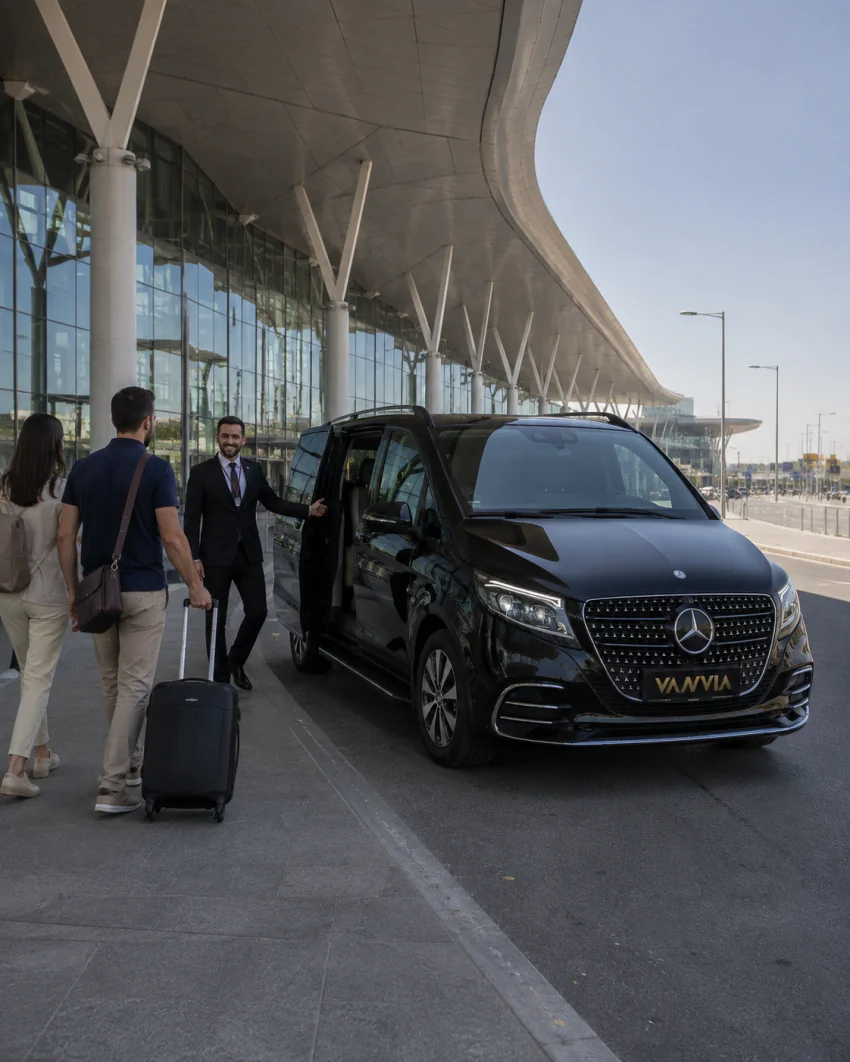 A Vanvia chauffeur welcoming passengers at the vehicle door at Izmir Adnan Menderes Airport