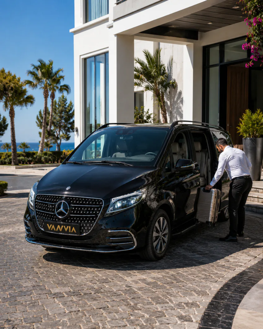 A Vanvia chauffeur loading luggage at a sea-view hotel entrance