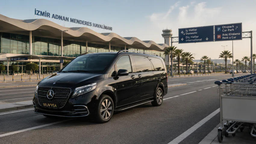 Frontansicht des Vanvia-VIP-Transferfahrzeugs vor dem Terminal des Flughafens Izmir Adnan Menderes, mit Palmen und Wegweisern in der Nähe